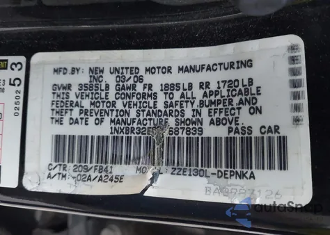 2006 Toyota Corolla Le из США, поврежденный, VIN 1NXBR32E96Z687839